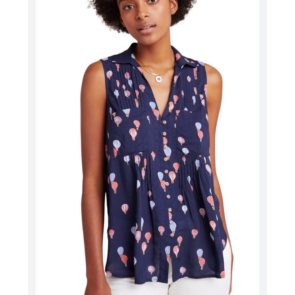 Maeve Anthropologie Hot Air Balloon Sleeveless Blouse XS Navy Boho Whimsical